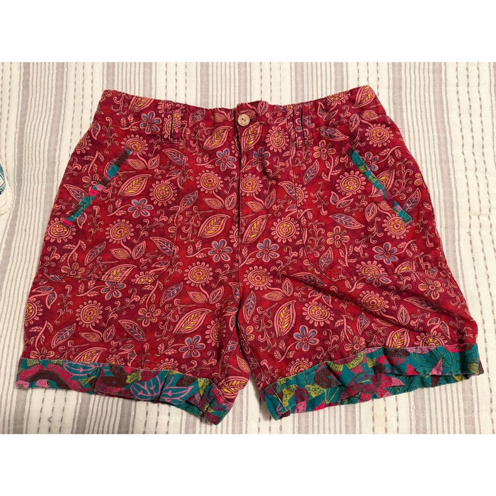 Sundance Red Floral Paisley Linen Blend Shorts Womens 12 Boho Cuffed Teal Trim